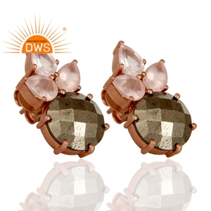 925 Silver Rose Gold Plated Pyrite And Rose Quartz Gemstone Girls Designer <b>Post</b> Stud <b>Earrings</b> Jewelry Wholesaler - Product Image 2