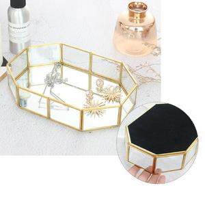 Organizador de Joyas de Vidrio y Metal, Bandeja Octogonal con Espejo y Marco Dorado para Almacenamiento y Exhibición de Collares y Pendientes - Product Image 1