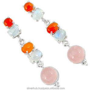 Boucles d'oreilles pendantes faites à la main en argent sterling 925 Quartz rose et cornaline pour les belles femmes fournisseur OEM ODM - Product Image 1