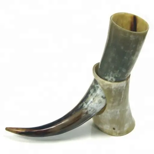 Customized Natural Buffalo Horn, Drinking Horn with Horn Stand, Carved Antique Viking Drinking Brass Horn