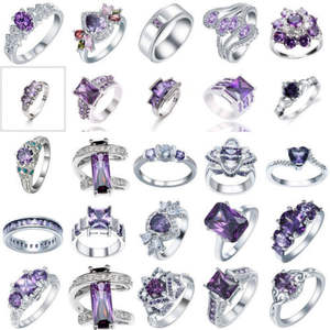 Anillo de boda con gemas de amatista natural púrpura para mujer, chapado en platino negro - Product Image 3