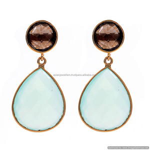 ต่างหูทองคำแท้เงินอควา Chalcedony และสโมควอตซ์ - Product Image 1