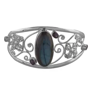 2018 Latest Bule Fire Labradorite 925 Sterling Silver Cuff Bracelet, Indian Wholesale Jewelry