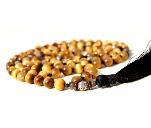 Cuentas de cristal ojo de gato cuentas naturales anudadas tibetano Mala collar hecho a mano collar de joyería de piedras preciosas - Product Image 1