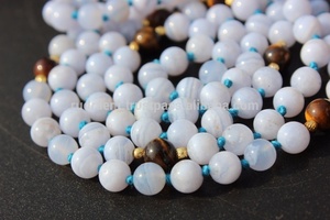 Blue Lace Agate Gemstone Mala Beads <b>Silk</b> Tassel Knotted Necklace Handmade Indian Bohemian Style Hinduism Third Party Certified - Product Image 2