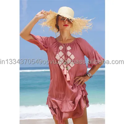Made With Love Classic Rust Pink & White Contrast Ruffle Hem Bell Sleeve Embroidered Tunic Hot Sale European Style Mini Dress