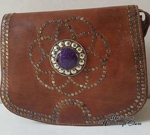 Sac à main en cuir de style marocain véritable orné de pierres géométriques Sac de voyage mode pour femmes - Product Image 1