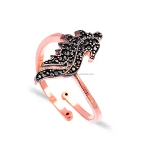 Conception d'hippocampe pierre de Zircon noir turc vente en gros anneau de bijoux en argent Sterling 925 réglable fabriqué à la main - Product Image 1