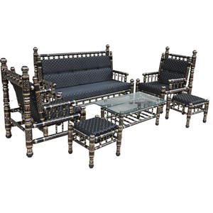 <b>Wooden</b> Traditional Indian Pakistan Sofa Set, Folk Art Village Sofa <b>Chair</b> Set, Fancy Color India Pakistani Sofa <b>Chairs</b> Table - Product Image 1