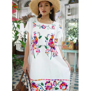 最畅销的美丽的收集墨西哥长衫刺绣七彩孔雀连衣裙墨西哥复古外观嬉皮民歌太阳裙