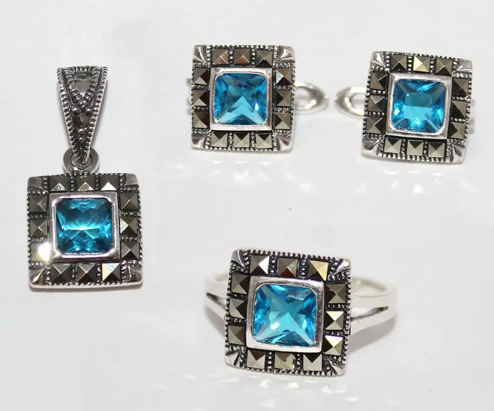 925 Sterling Silver Blue Topaz With Marcasite Square Faceted Bezel Set Memoria Jewels Gemstone Earring Ring Pendant Jewelry Set