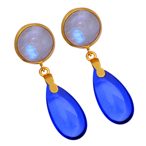 Plaqué or. Boucles d'oreilles pendantes en argent sterling 925 pour femmes à la mode Tanzanite Quartz Rainbow Moonstone Gems pour les fêtes et les cadeaux - Product Image 1