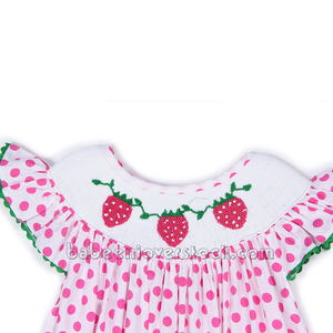 Enfants décontracté fraise fille smocké robe d'évêque à manches courtes col rond impression à pois broderie personnalisé ODM fabricant BB1237 - Product Image 3
