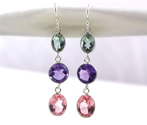 Oval & Round Shape Multi Gemstone Aqua Rose Quartz Amethyst Gemstone Handmade Beautiful Dangle Earring - Product Image 3