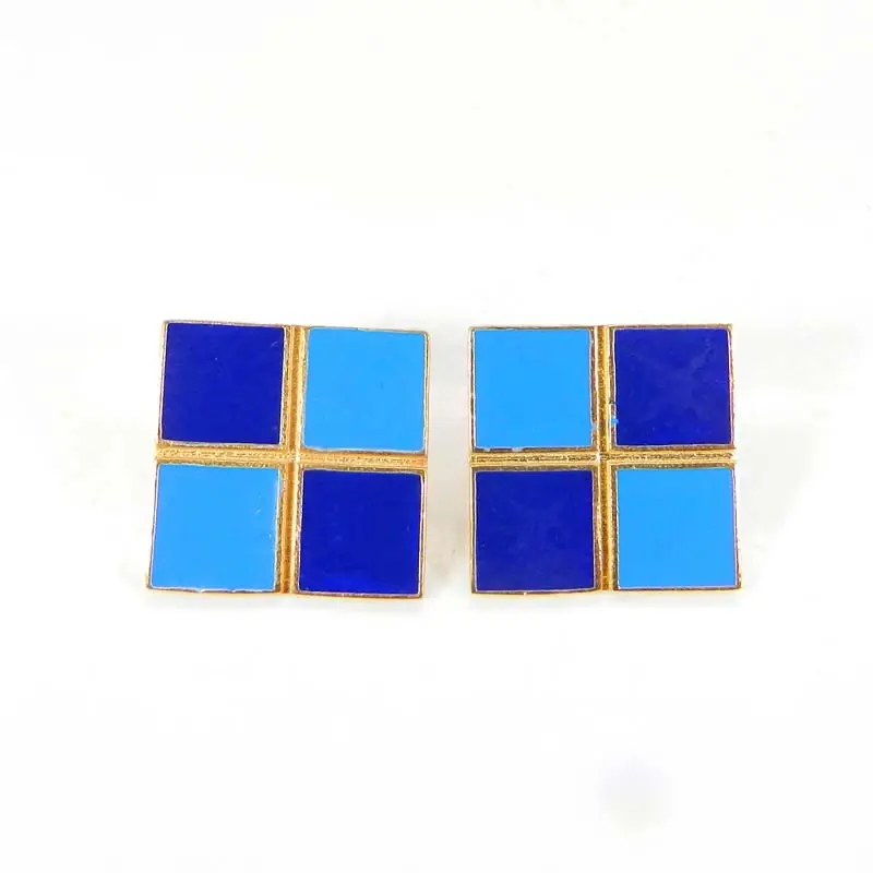 Four square geometric blue enamel 18k gold plated handmade designer manufacturer bezel setting jewelry stud earring