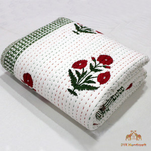 Hand Block Floral Printed Kantha Quilt Cotton Quilt Hand Stitched Kantha <b>Bedcover</b> Indian Vintage Blanket - Product Image 4