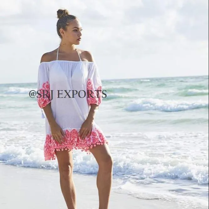 Penyedia Layanan Terbaik Kualitas Premium Pakaian Pesta Pantai Gadis Seksi Desainer Pom Pom Hem Baju Renang Pantai Cover Up Hawaii