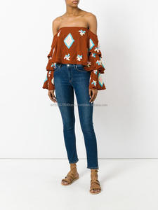 Boutique เสื้อผ้า Bohemian น่ารัก Ruffle รายละเอียดปักผู้หญิง High End แฟชั่นไหล่กระดุมคลาสสิกเสื้อ - Product Image 3