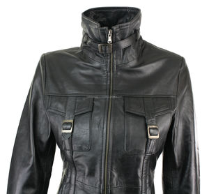 เสื้อแจ็คเก็ตหนังแท้สำหรับผู้หญิง สีดำ แบบนุ่ม สไตล์วินเทจ ลดราคาช่วงฤดูหนาว - Product Image 5