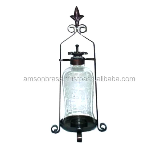 Linterna de metal, farolillos de metal negro para exteriores, decoración navideña para el hogar, hotel, hierro con vela de cristal, farol