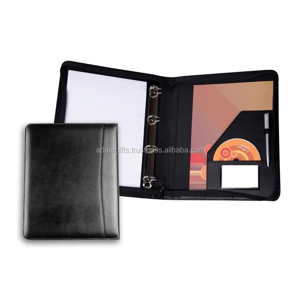 a6 leather folder 1.5 inch ring binder / presentation 4 ring binders with cd holder
