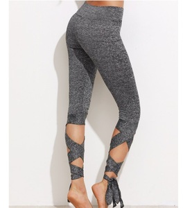 Shemax <b>Cropped</b> Tie <b>Leggings</b> in Grey Marled Knitted Fabric Breathable Mid Waist Design - Product Image 3