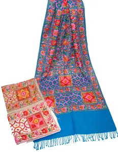 ブルーオーバーフック刺繍花柄ウールスカーフ花柄刺繍柄スカーフビッグウールスカーフ
