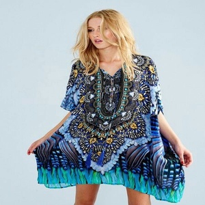 Impresión Digital larga en pura seda satén vestidos Kaftan caftán - Product Image 4