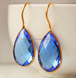Boucles d'oreilles pendantes en argent sterling 925 avec quartz saphir et or vermeil bijoux faits à la main pour les mariages ou les cadeaux - Product Image 1