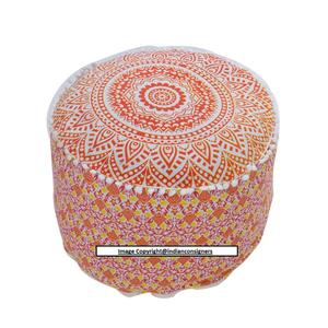 Ombre Mandala Cotton <b>Orange</b> Puff Cotton Ottoman Round Stool Chair Multiple Color <b>Pouffe</b> Home Decor Handmade By Indian Consigners - Product Image 1