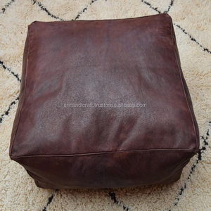 Handmade Essentials Moroccan Pouf, Ottoman square Leather Dark Brown Pouf, square Handmade Footstool - Product Image 1