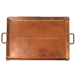Design élégant plateau de table de service alimentaire en cuivre pur plateau de service rectangulaire en métal cuivre avec poignée - Product Image 1