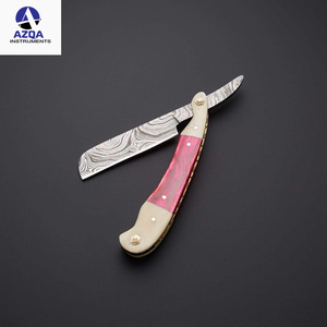 มีดโกนหนวดตรงเหล็กดามัสกัสอย่างดี สำหรับร้านตัดผม พร้อมด้ามจับทำจากกระดูกและไม้ - Product Image 4