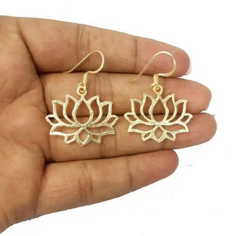 Gold Plated Brushed Lotus Flower Charm Dangle Earring