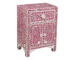 Mesa auxiliar con cajón hecha a mano para muebles de dormitorio, mesita de noche con incrustaciones de hueso rosa, mesita de noche con incrustaciones de madreperla India - Product Image 1