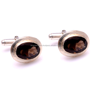 Boutons de manchette pour hommes en argent Sterling 925, Quartz fumé, pierre précieuse, finition satinée - Product Image 1
