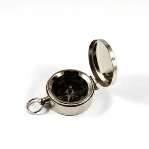 Customised Brass Metal Nickel Plated Nautical Small Marine Compass Keychain Keyring Corporate Gift with Brass Loop