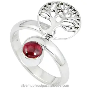 Cincin Perak Murni Garnet Merah Alami, Batu Penyembuhan Garnet Merah Solid 925 Sterling Cincin Pohon Kehidupan