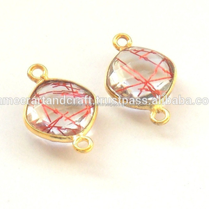 24K chapado en oro hecho a mano rutilo rojo 10mm cojín forma bisel conector colgante Metal latón joyería hallazgos regalo montaje - Product Image 1