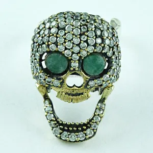 Halloween Skull Emerald Agate & Cubic Zirconia Gemstone 925 Sterling Silver Two Tone Jewelry Ring