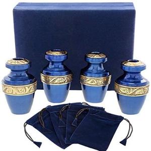 Classic Serenity Blue Velvet <b>Box</b> Set of 4 Elegant Funeral Ashes Metal Brass/Aluminum Urns for Pets Cremation and Storage - Product Image 2