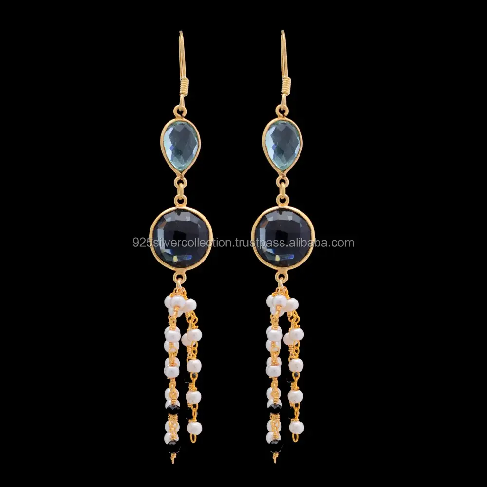 Trendy Blue Topaz & Kyanite Steen 18K Vergulde Kwastje Funky Drop & Dangle Oorbellen