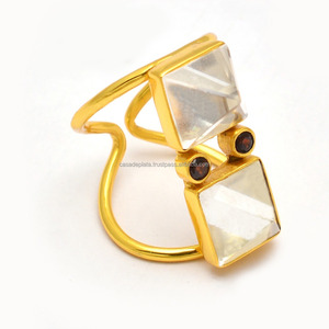 Anillo de piedras preciosas de cuarzo ahumado de cristal chapado en oro, anillo de diseñador de Plata de Ley 925, ajuste de bisel de joyería, anillo de moda para mujer - Product Image 1