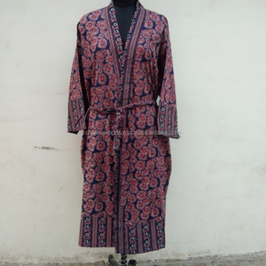 บล็อกมือหรูหราพิมพ์ผ้าฝ้ายนอนยาวคืนสวมชุดกิโมโนพร้อมตัวปิดเข็มขัดและกระเป๋า, เสื้อคลุมอาบน้ํายาวพิมพ์ลายดอกไม้ - Product Image 2