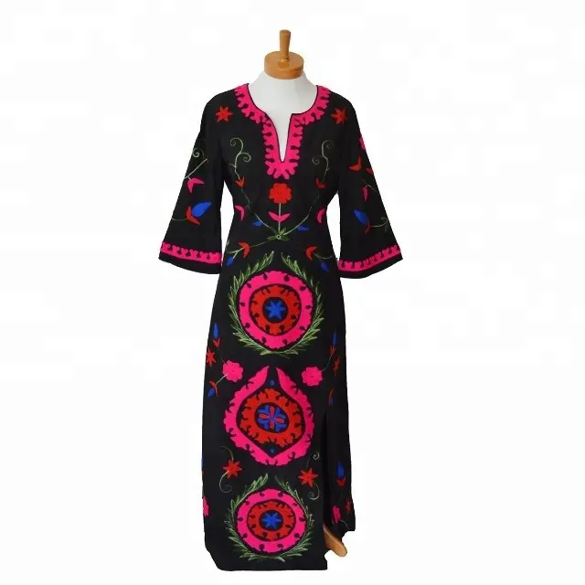 100% cotton Factory custom Vintage Mexican Dress, Hand Embroidered U-neck Peasant embroidery long casual dress daily wear tunic