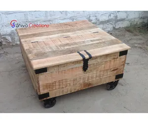 Factory Directly Selling Solid Rough Mango Wood Storage Trunk Box Coffee Table