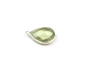 À la mode vert améthyste pierres précieuses fabrication de bijoux résultats simple caution à la main à facettes lunette connecteur poire forme 12X16mm argent - Product Image 1
