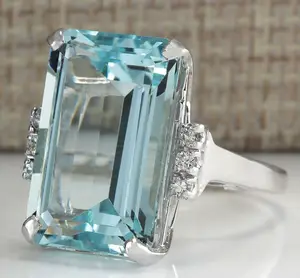 女性时尚首饰925纯银巨大海蓝宝石结婚戒指礼物