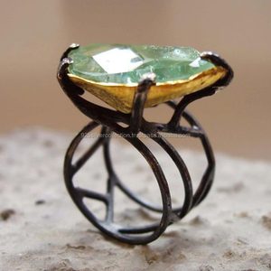 Anillo de ajuste de punta de Topacio azul para mujer, diseño minimalista, joyería de piedras preciosas oxidadas de plata para fiestas de compromiso, hecho de Metal de latón - Product Image 1