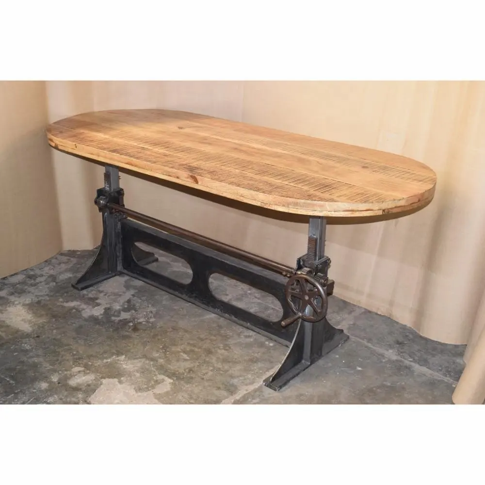 Tables à manivelle vintage de style industriel antique avec plateau en bois Table à manger à hauteur réglable pour café hôtel maison salle à manger
